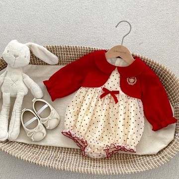 喜慶嬰兒衣服春秋裝女寶寶包屁衣滿月百天周歲禮服新生兒公主哈衣