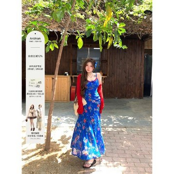 (免運)安妮不火 藍礁紅槿印花v領魚尾雪紡吊帶裙微胖大碼收腰碎花連衣裙