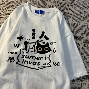 已售9642件💖REOY T恤 短袖上衣 簡約 貓咪印花 寬鬆 顯瘦 美式上衣 男女衣服 正肩 日系 上衣女 休閒上衣