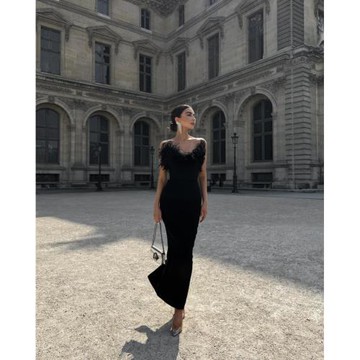 Bandage dress裹胸羽毛名媛超模氣場長款連衣裙宴會-派對敬酒禮服
