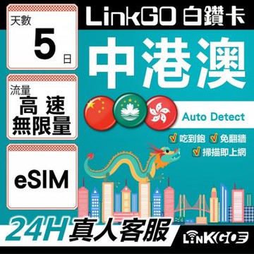LINKGO白鑽卡 中港澳 eSIM卡 5天吃到飽不降速 高速不限流量 免翻牆(中港澳網卡 中國 大陸 香港 澳門 虛擬卡)