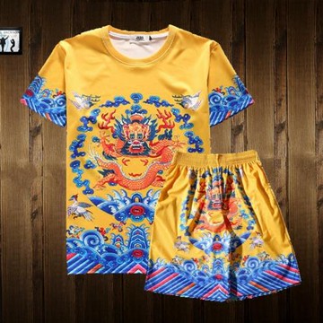 中國風清朝官服皇帝黃馬褂龍袍衣服古裝男士夏3d印花短袖T恤大碼