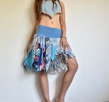 藍色彈性收腰美人魚裙，帶辮子的破爛小精靈裙