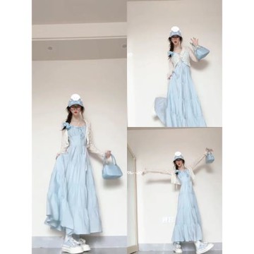法式氣質吊帶連衣裙子女裝夏季2025新款溫柔風海邊度假長裙兩件套
