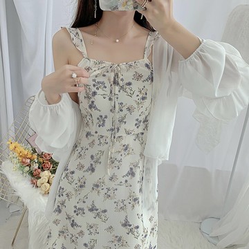 夏季茶歇法式復古甜美溫柔風雪紡碎花吊帶連衣裙子女兩件套裝