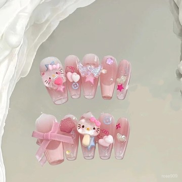 ✨Hannah✨新款軟糖愛心蝴蝶結可愛卡通顯白學生長款純手工美甲穿戴甲純手工穿戴甲 WJXL