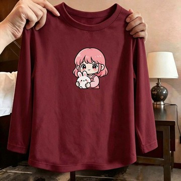 兒童長袖上衣 女童上衣 男童上衣 保暖上衣Q版卡通小女孩兔子純棉印花兒童長袖T恤女中小童春秋裝百搭打底衫童裝