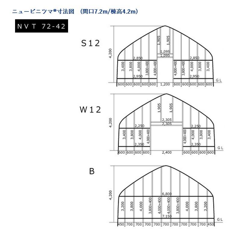 ニュービニツマセット マルヒロドアEX仕様 4間 ドア両開き 1200x2000 間口7.2m 棟高4.2m NVT-72-42-W12 妻面 北別 東都興業 タS 代引不可 個人宅配送不可