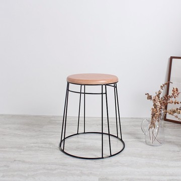 日系復古 實木紋坐板 鐵線小圓凳 / 原木色