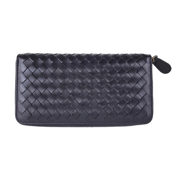羊皮手工編織拉鍊小長夾女夾 黑色 8卡片位 1隔層袋  17.6 x 2.3 x 9.2cm