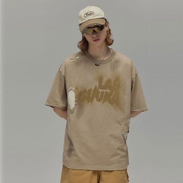 沙丘廢土風卡其色短袖T恤 男士做舊破壞印花上衣