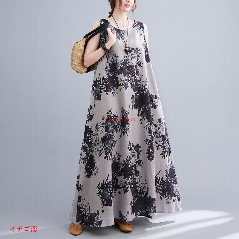 ワンピース ノースリーブ タンクトップ ロング丈 花柄 ポケット プリント 綿麻 ワンピ 30代40代 大人 Aラインワンピース ロングワンピ  50代60代 通販 LINEポイント最大GET LINEショッピング