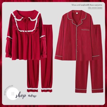 Se7enの情侶睡衣女春秋款純棉長袖紅色新娘新婚結婚男家居服套裝