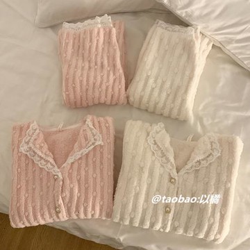 韓系睡衣女秋冬季新款法蘭絨加厚保暖提花絨蕾絲邊學生家居服套裝