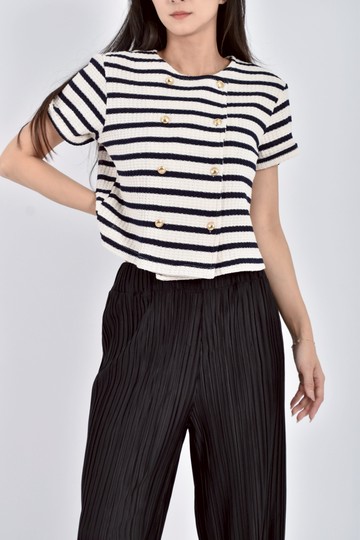 (S) nomad質感小香風棉質條紋排扣白色短袖上衣