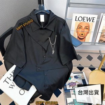 免運 優選不規則鏈條短袖襯衫 男女襯衫 鹽系襯衫 少年襯衫 男襯衫 短袖襯衫女 潮流 個性襯衫