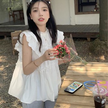 大碼胖mm荷葉邊白色襯衫女夏季法式設計感寬松顯瘦遮肚娃娃衫上衣