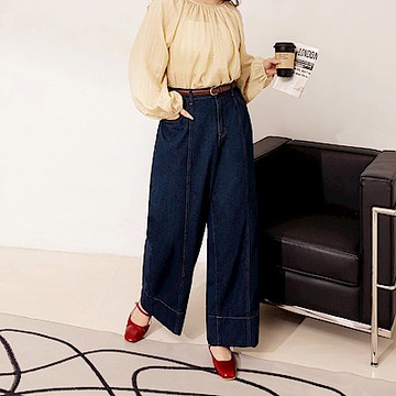 雲朵自訂款-棉質配色車線直筒牛仔寬褲-OB大尺碼