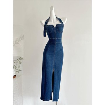 (免運)2025夏季新款法式氣質復古藍色牛仔收腰顯瘦顯身材開衩吊帶連衣裙