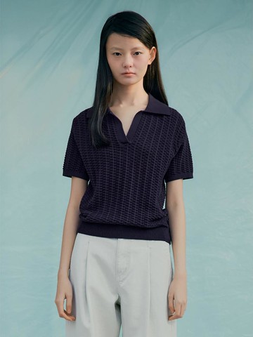 Open Collar Textured Cotton Sweater [Navy] (KE5251M01R)