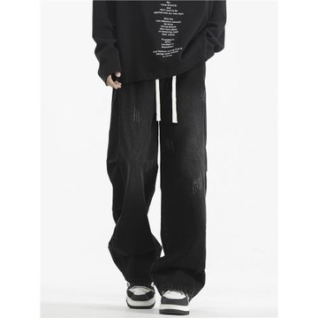 獵璞彎刀褲子男士黑色美式寬松男生休閑長褲工裝秋冬季直筒牛仔褲