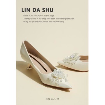 【林大叔】法式水鉆高跟鞋小眾高級感尖頭單鞋細跟兩穿花朵婚鞋女