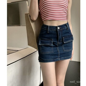 P3-短裙 A字短裙 半身裙 牛仔半身裙女夏季褲裙防走光內襯設計感小眾復古港味包臀A字短裙