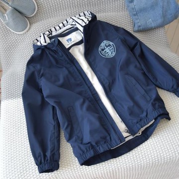 簡約百搭款~男童雙層風衣休閑外套兒童深藍夾克短款連帽外衣