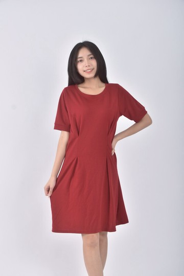 (S) ob style質感短袖圓領紅色洋裝