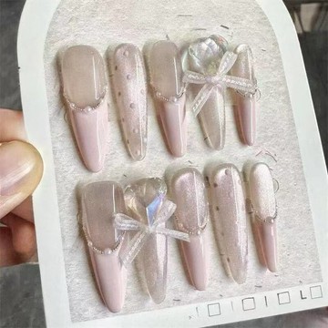 ⚡優選加一⚡【公主】純手工穿戴甲法式貓眼蝴蝶結粉色波點甜美公主氣質貼片甲油膠 長款美甲 細狗長尖穿戴甲