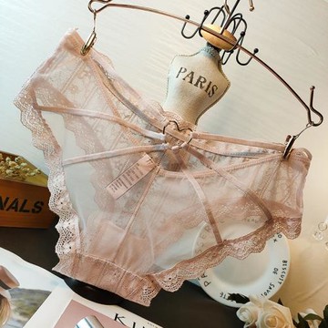 歐美柔軟性感繡花蕾絲后鏤空愛心扣環綁帶低腰內褲女