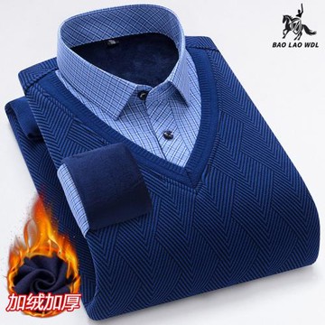 保羅秋冬加絨假兩件襯衫男長袖加厚保暖套頭毛衣寬松帶絨爸爸襯衣