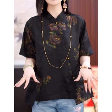 (免運)2025夏季新中式國風黑色提花斜襟短袖襯衣女洋氣復古寬松小衫上衣