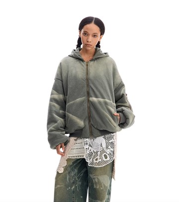 美式復古 摺痕貓須洗水衛衣棉服夾克