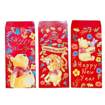小禮堂 迪士尼 小熊維尼 中式彩色燙金直式紅包袋3入組 (紅花朵款)