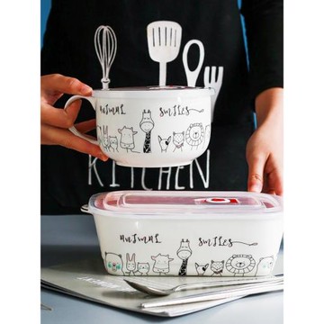 陶瓷分格飯盒上班族保鮮飯碗耐高溫卡通便當餐盒可微波加熱保溫袋