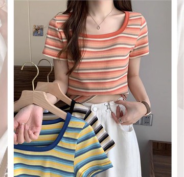 拉夏貝爾方領撞色條紋短袖T恤女設計感修身短款正肩上衣【繁星小鎮】
