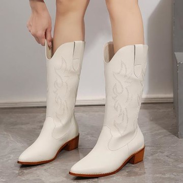 2025秋冬新款尖頭西部牛仔靴刺繡粗跟高筒套筒騎士靴大碼外貿跨境