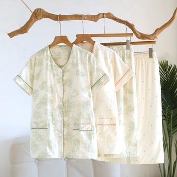 【現貨】帶胸墊睡衣女夏季罩杯短袖睡衣七分褲套裝 100%純棉薄款可外穿國風家居服