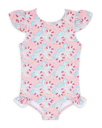 Minnow Girls' Bluebells Ruffle One Piece Rash Guard Swimsuit - Baby, Little Kid, Big Kid