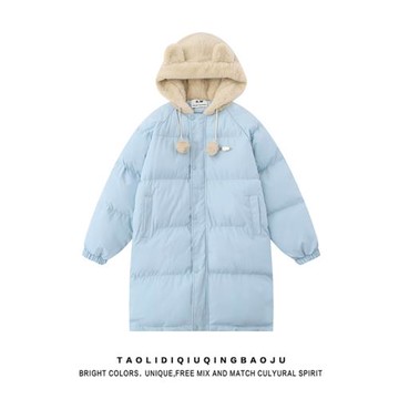 美式復古拼接毛絨耳朵連帽棉服女慵懶風休閑百搭中長款保暖厚棉襖