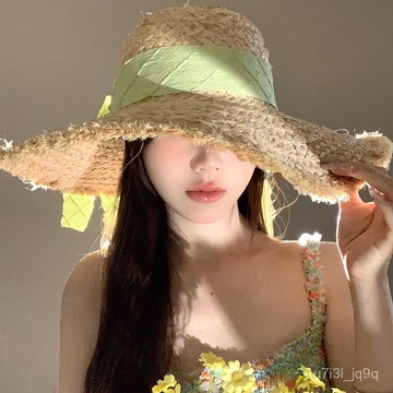 法式蝴蝶結拉菲草帽女夏季大帽簷遮陽防曬帽海邊沙灘度假編織帽子