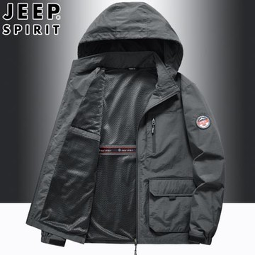 吉普JEEP男士速干夾克外套2023春秋防水工裝多口袋防風運動風衣潮