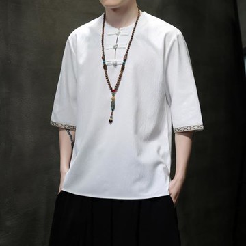 亞麻t恤男中國風男裝新中式短袖上衣夏季薄款棉麻復古寬松體恤男