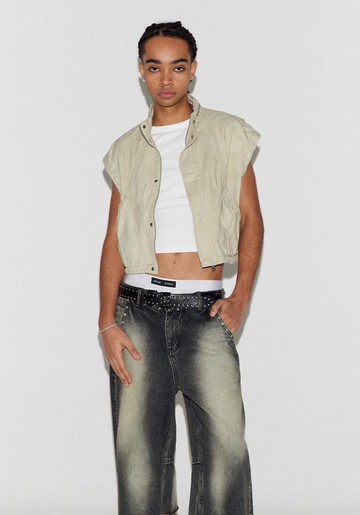 做舊抽褶工裝背心 復古短款別致上衣