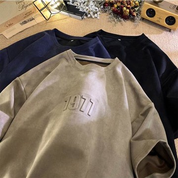 美式重磅T恤男夏季水洗做舊麂皮絨圓領高街上衣嘻哈寬松運動短袖