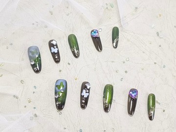 【YUE】夜霧森林 -綠黑漸層蝴蝶療癒穿戴甲 S碼