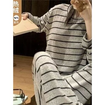 韓系條紋睡衣女秋冬季德絨加絨保暖ins慵懶風甜美少女休閑家居服