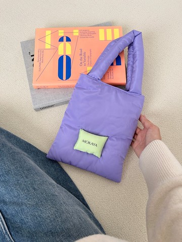 紫色軟嘭嘭枕頭包 撞色設計 可愛充棉手提包 便攜包 便當袋