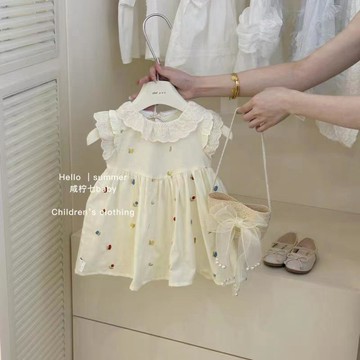 Mimo⭐女小童花邊領連衣裙夏季甜美公主裙彩色繡花純棉裙白色裙子夏